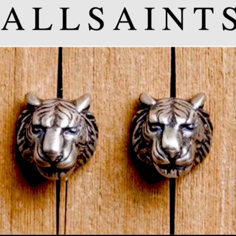 NWT Unisex Allsaints tiger 925 sterling head Silver Stud Post Unisex Earrings